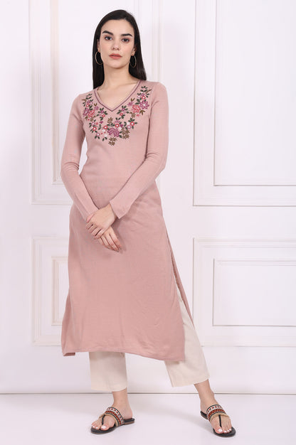Pink Embroidered Straight Acrylic Winter Kurta