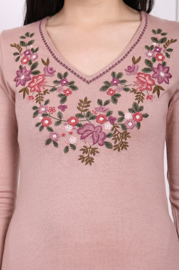 Pink Embroidered Straight Acrylic Winter Kurta