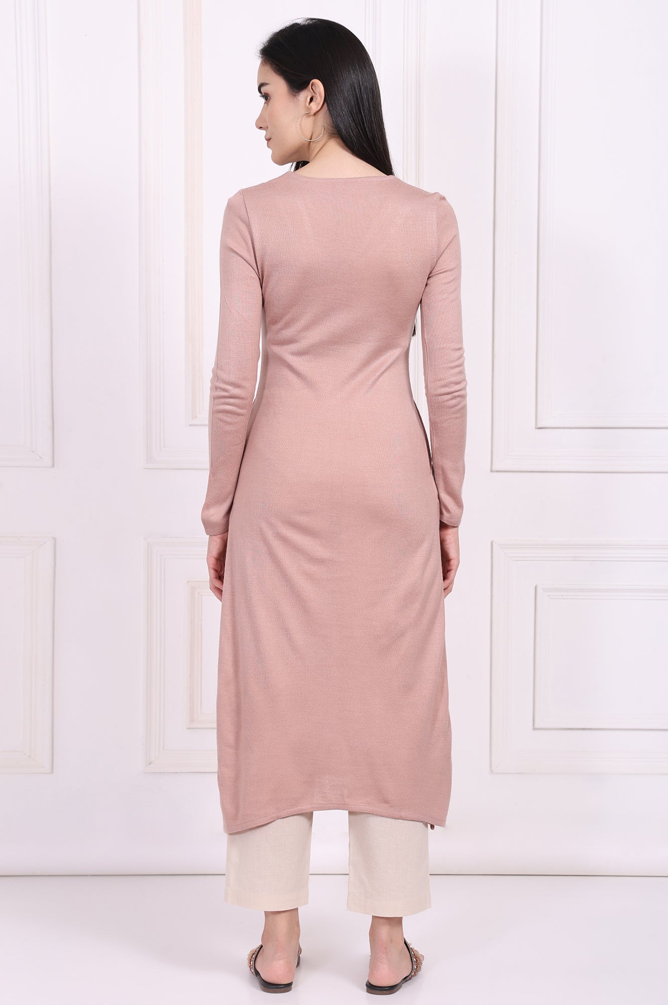 Pink Embroidered Straight Acrylic Winter Kurta