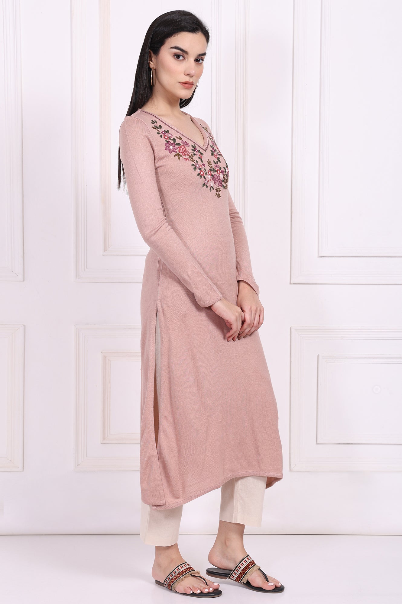 Pink Embroidered Straight Acrylic Winter Kurta