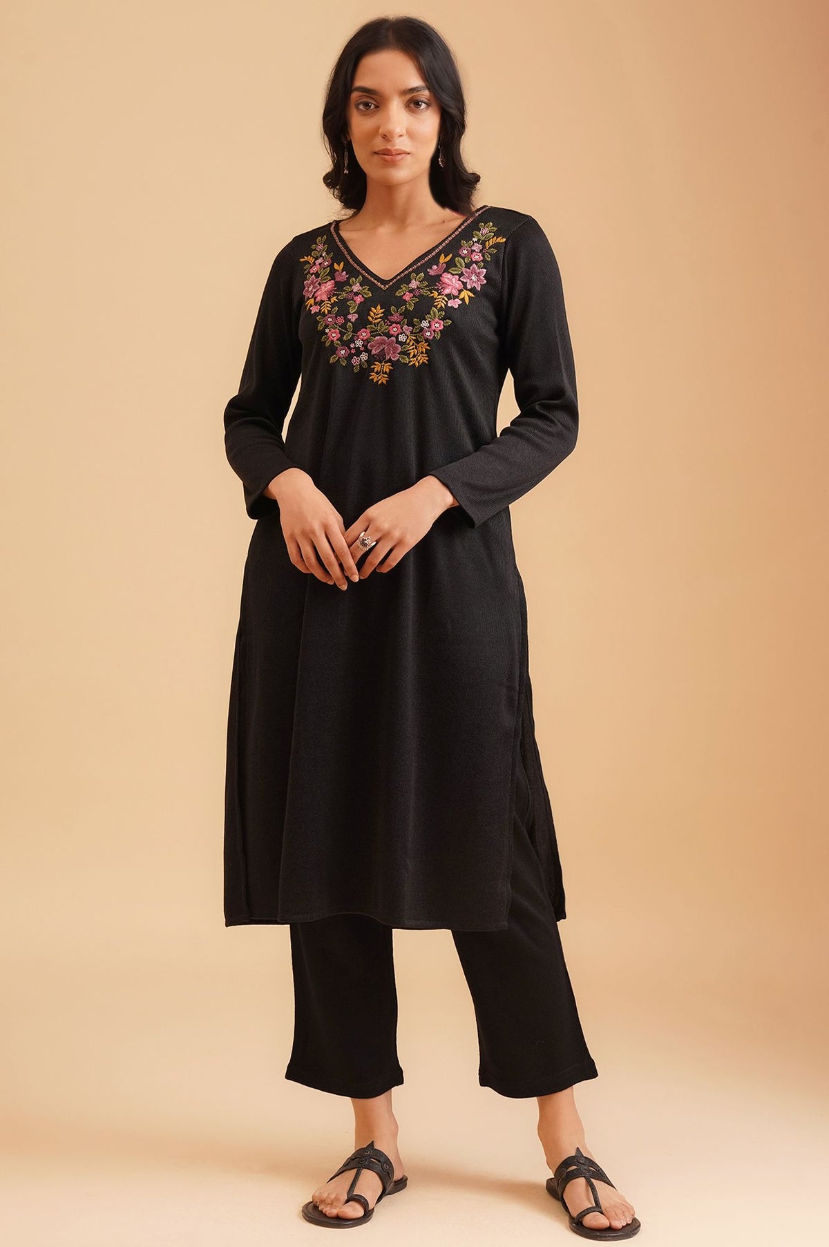 Black Embroidered Straight Winter Kurta