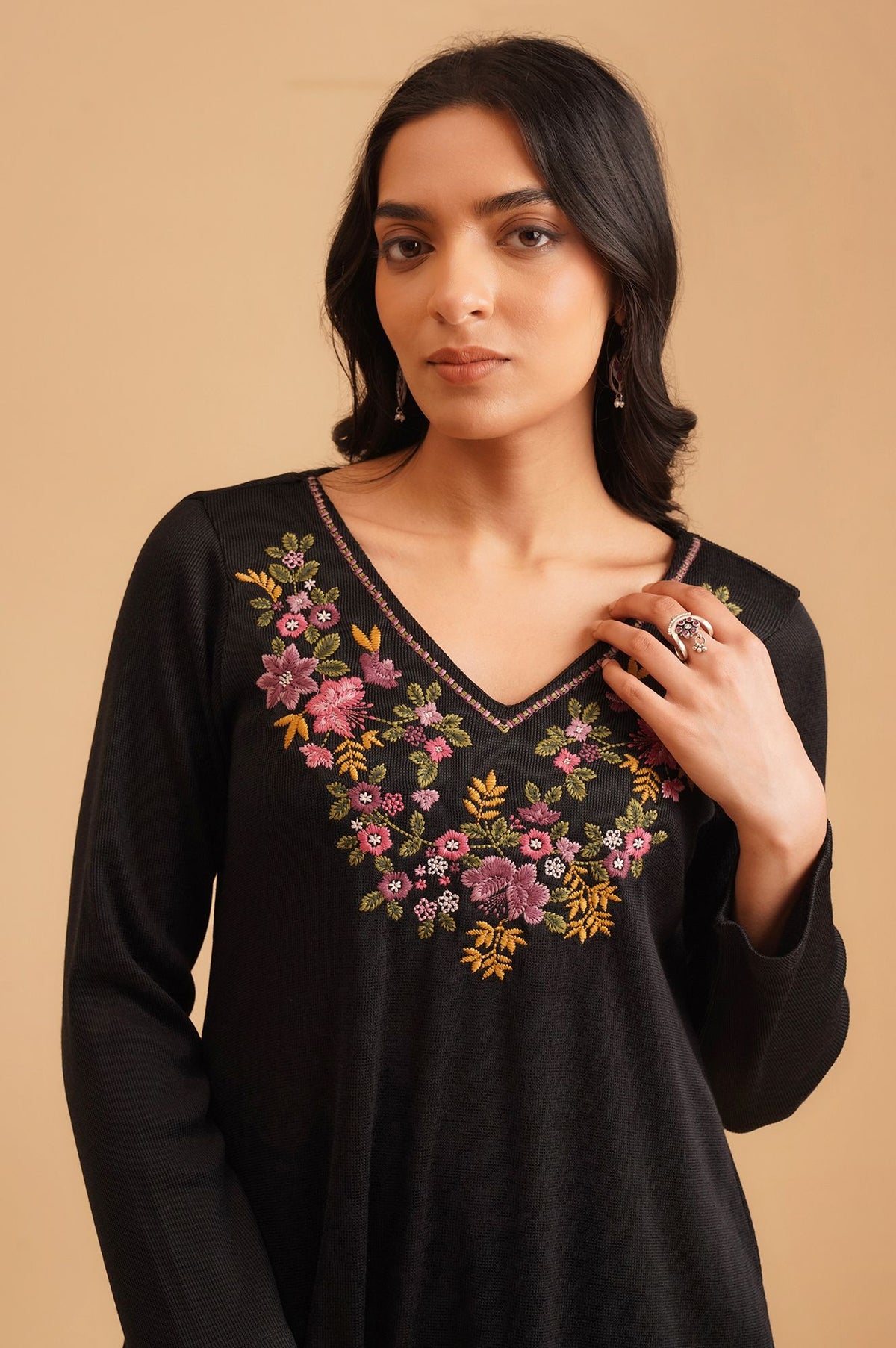 Black Embroidered Straight Winter Kurta