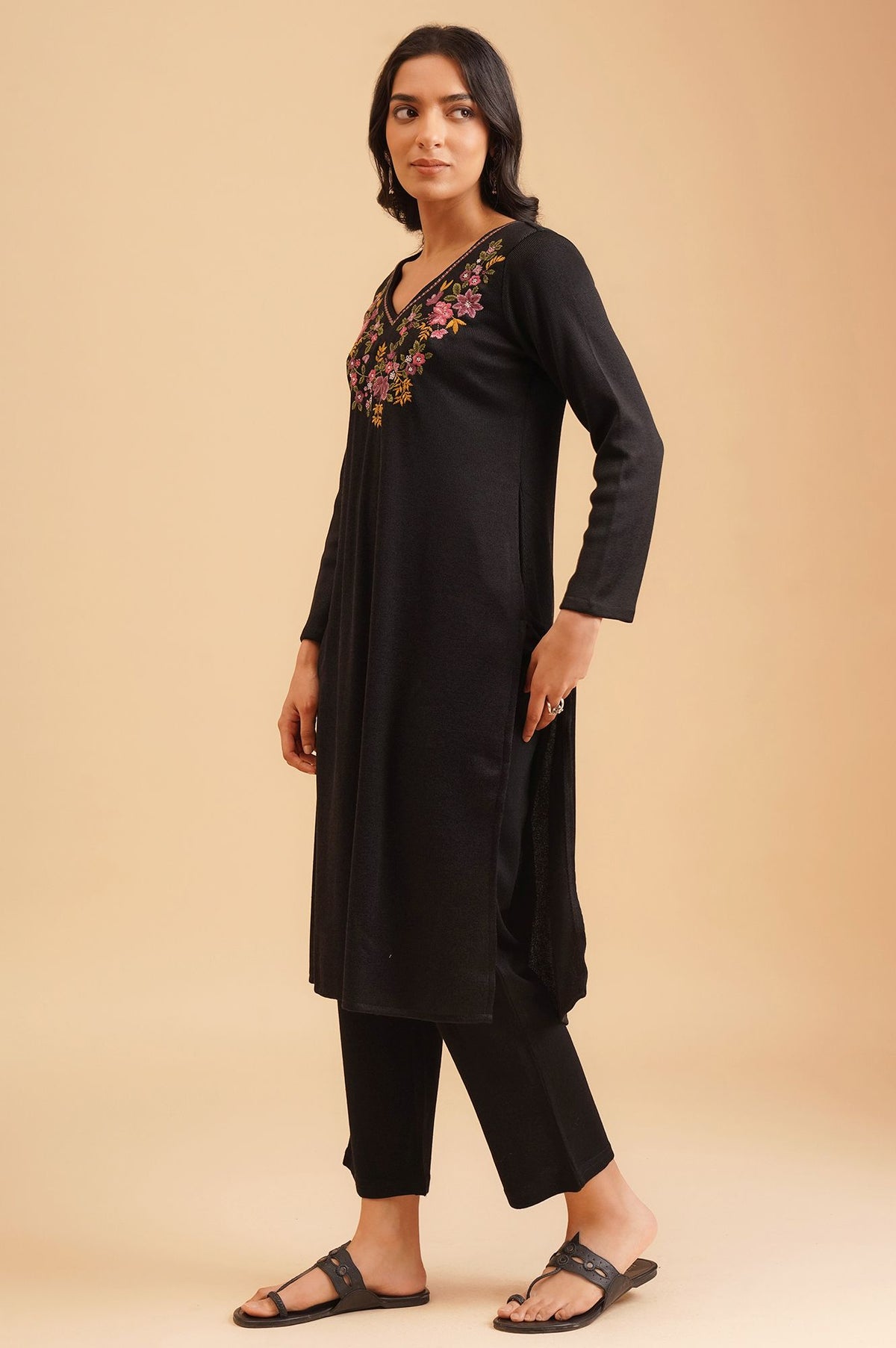 Black Embroidered Straight Winter Kurta