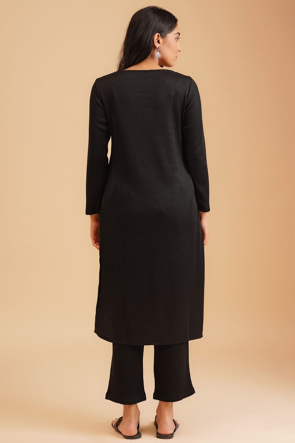 Black Embroidered Straight Winter Kurta