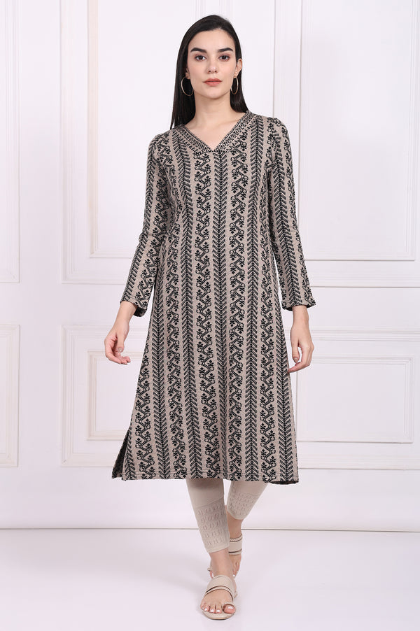 Beige Geometric A-Line Acrylic Winter Kurta