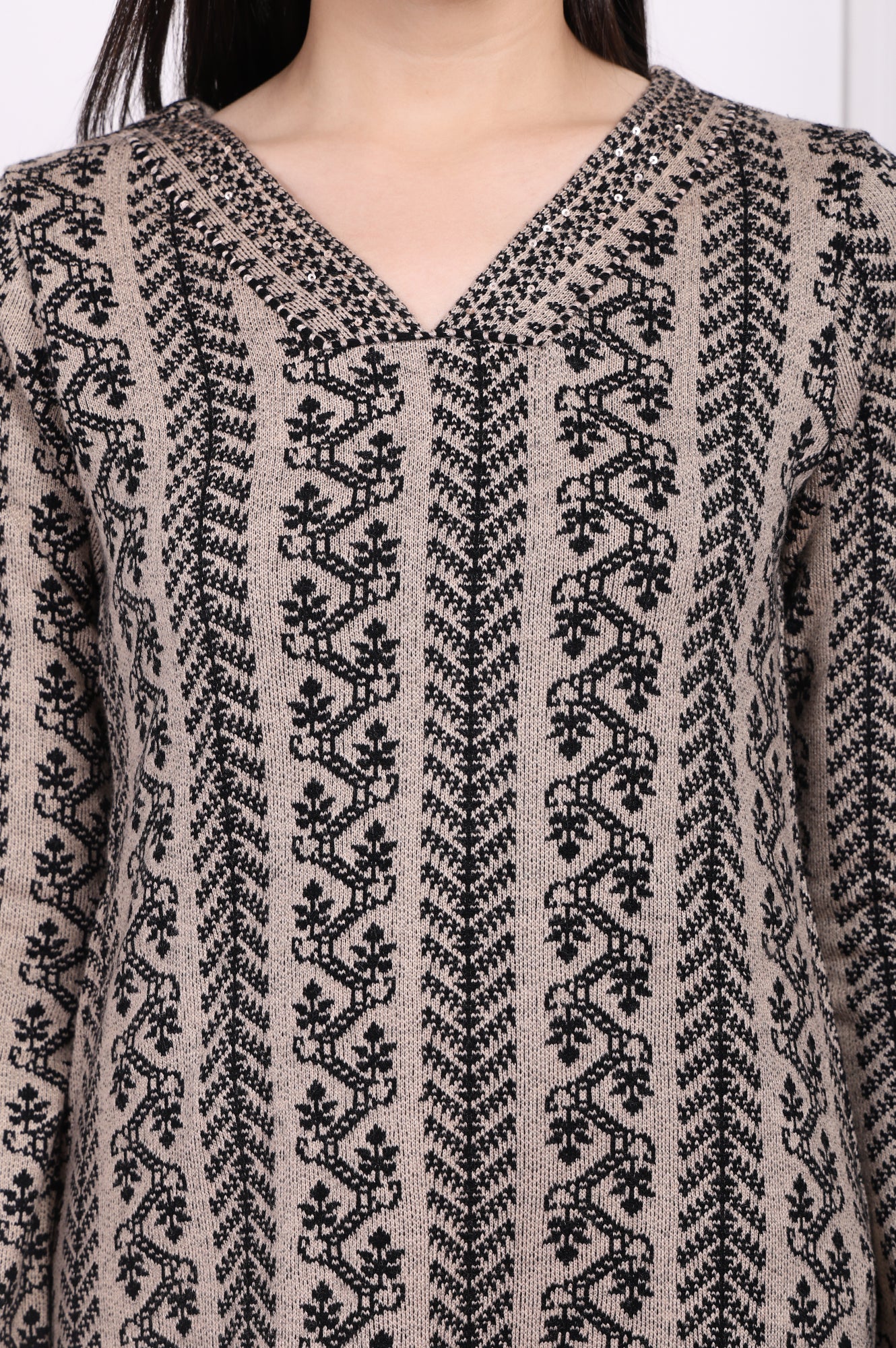 Beige Geometric A-Line Acrylic Winter Kurta