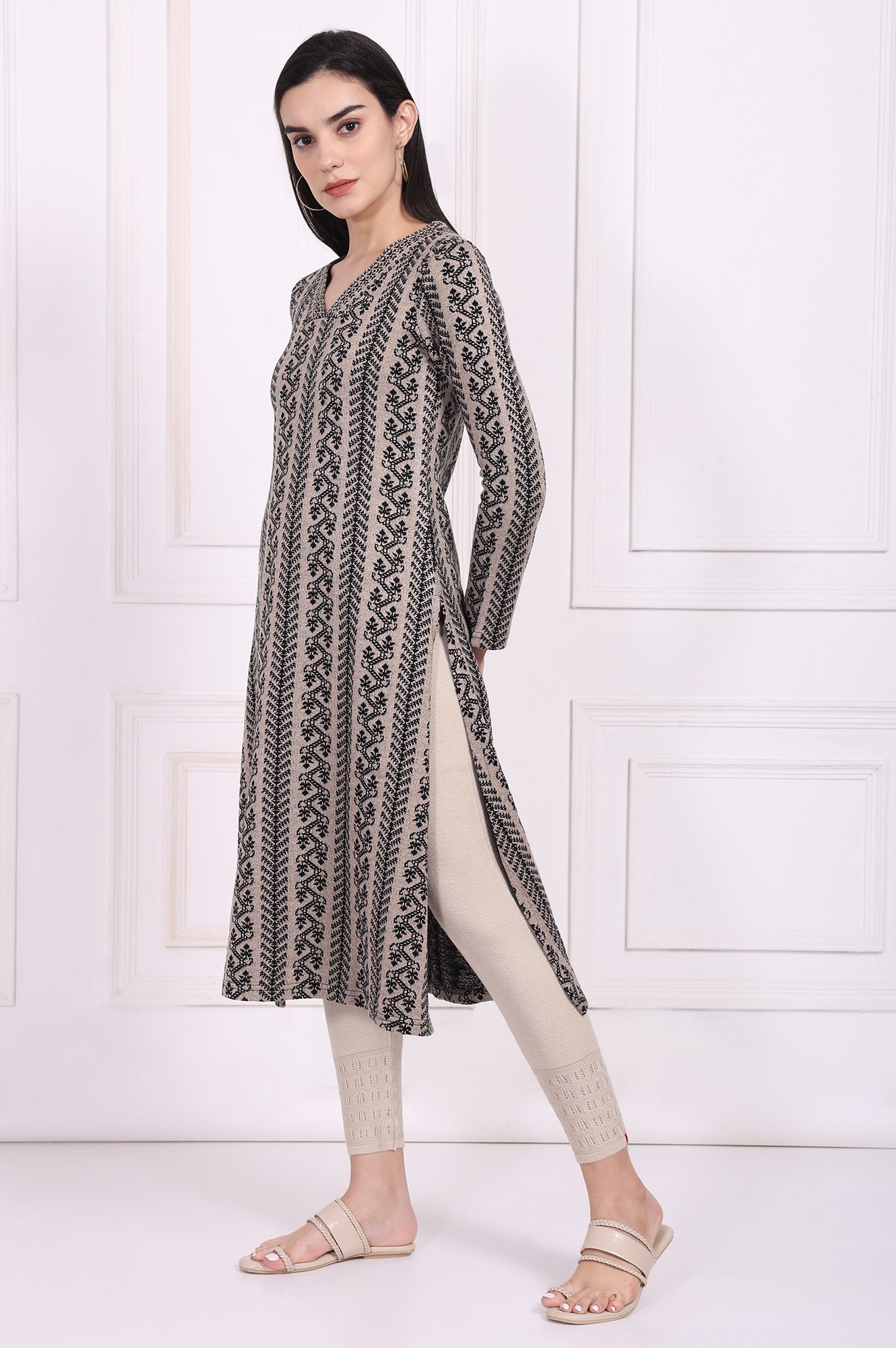 Beige Geometric A-Line Acrylic Winter Kurta