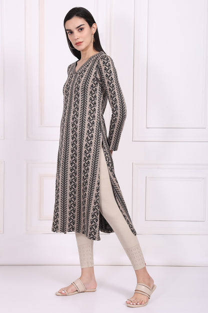 Beige Geometric A-Line Acrylic Winter Kurta