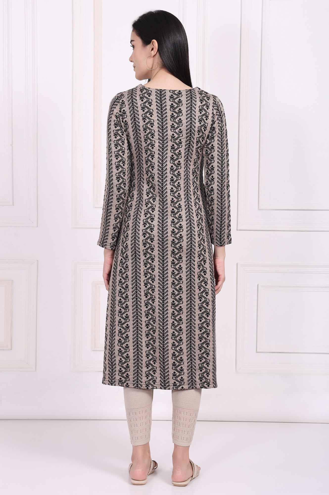 Beige Geometric A-Line Acrylic Winter Kurta