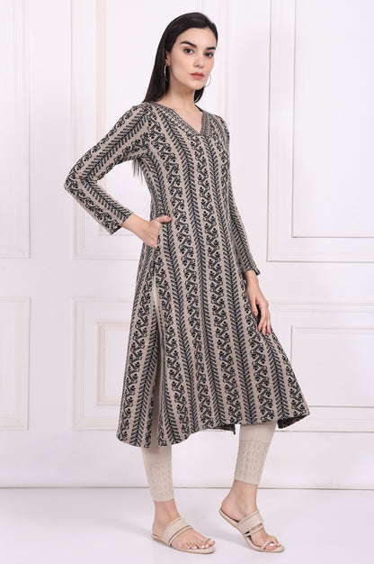 Beige Geometric A-Line Acrylic Winter Kurta