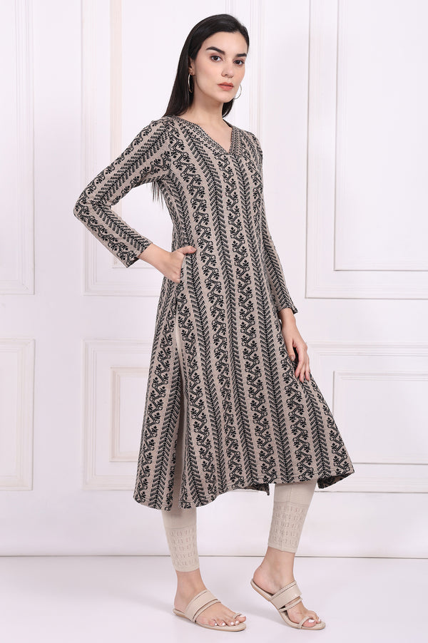 Beige Geometric A-Line Acrylic Winter Kurta