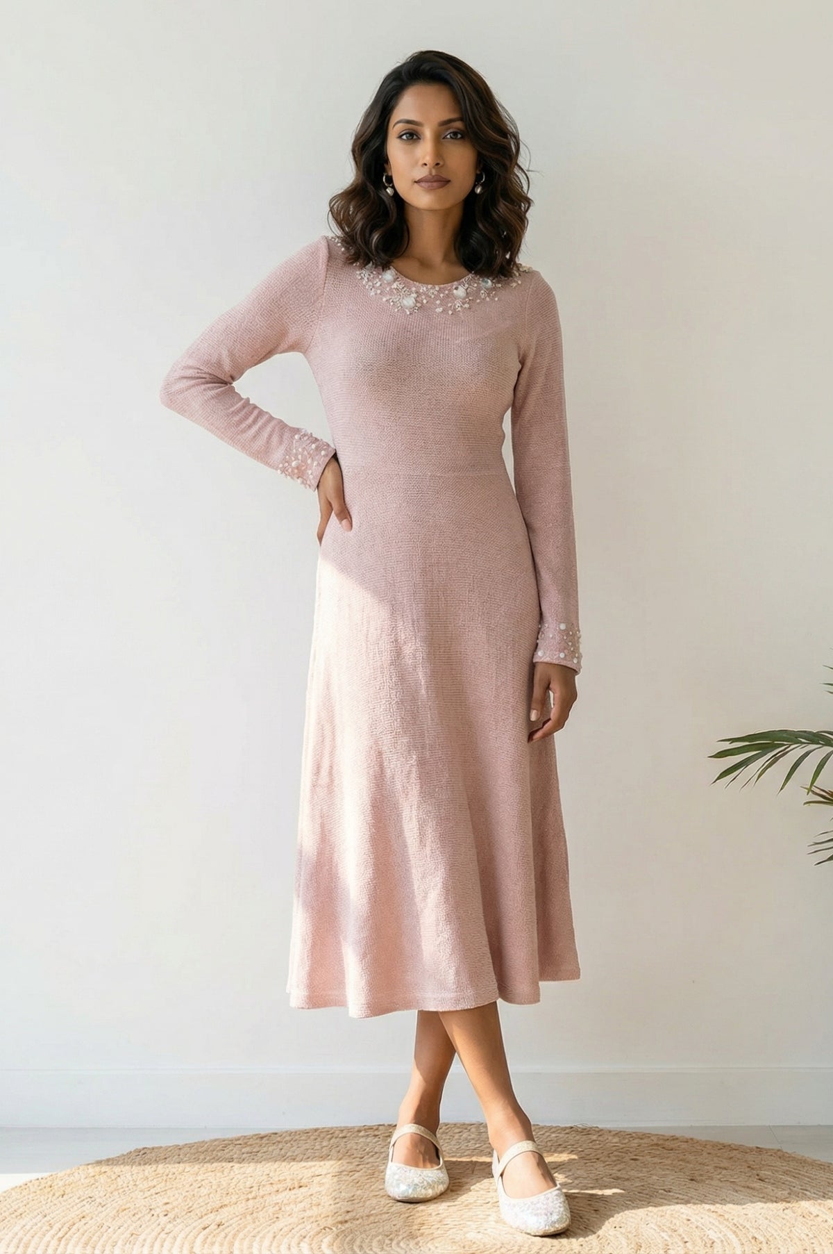 Pink Solid Sequins A-line Winter Dress - XS