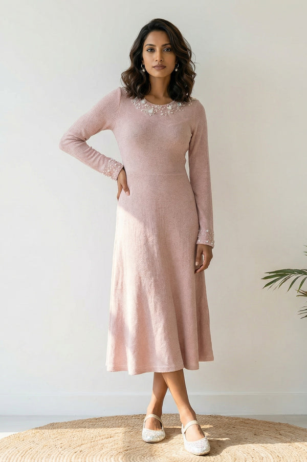 Pink Solid Sequins A-line Winter Dress