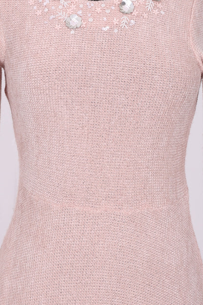 Pink Solid Sequins A-line Winter Dress