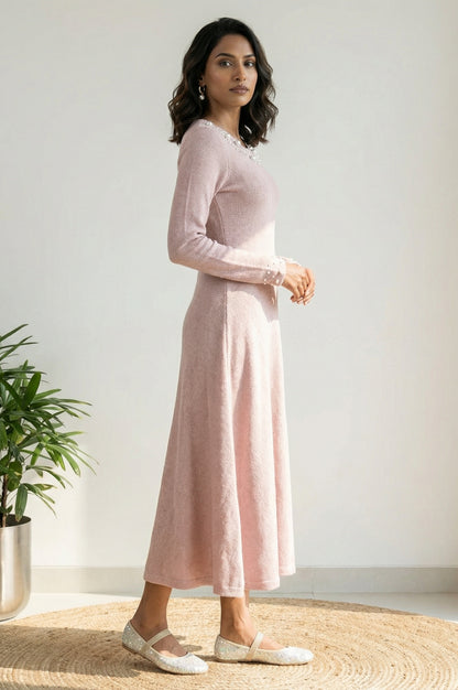 Pink Solid Sequins A-line Winter Dress