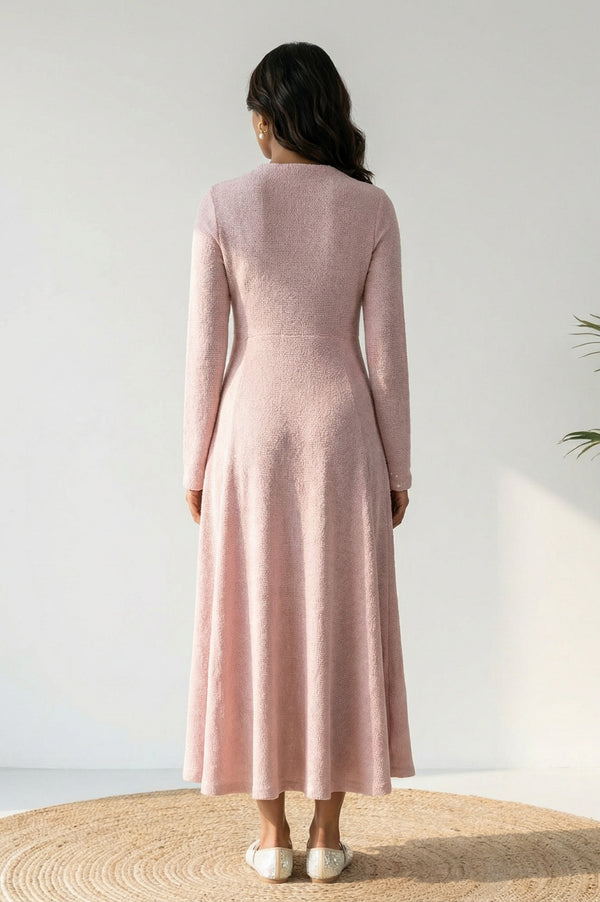 Pink Solid Sequins A-line Winter Dress