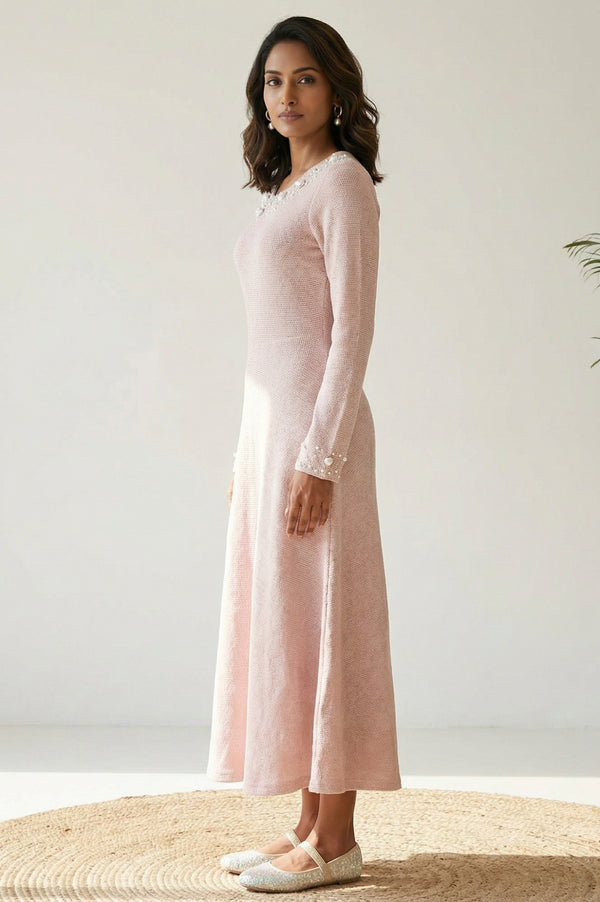 Pink Solid Sequins A-line Winter Dress