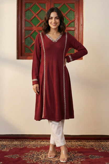 Maroon Embroidered Thread Work Acrylic A-line Kurta
