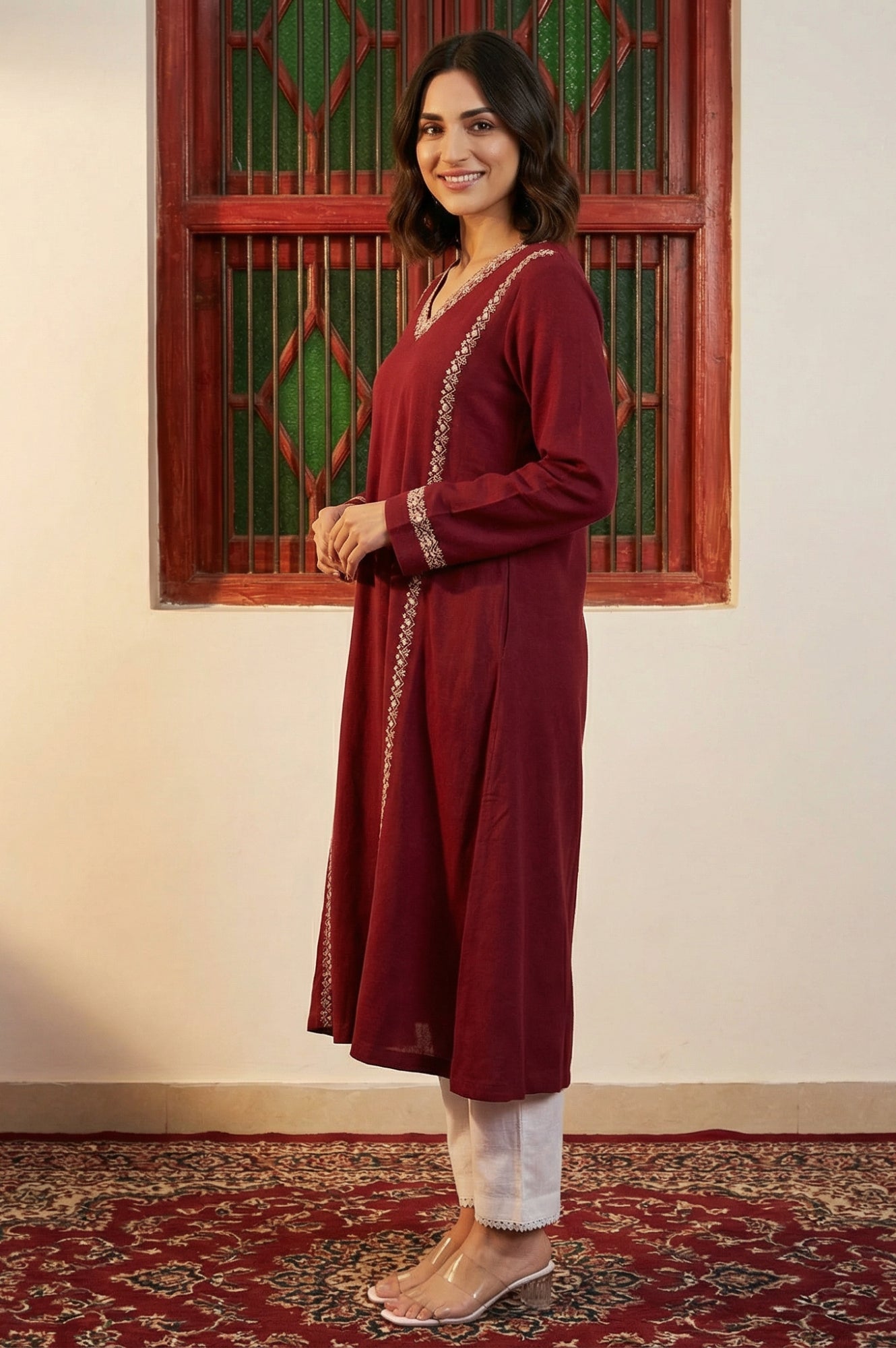 Maroon Embroidered Thread Work Acrylic A-line Kurta