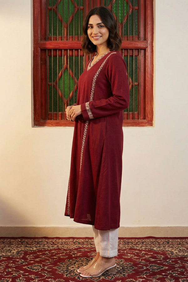 Maroon Embroidered Thread Work Acrylic A-line Kurta