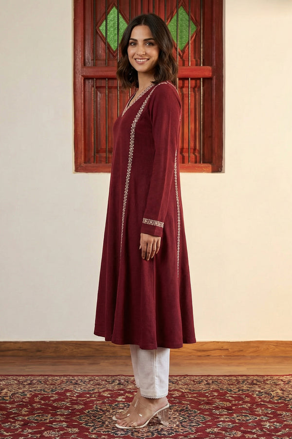 Maroon Embroidered Thread Work Acrylic A-line Kurta