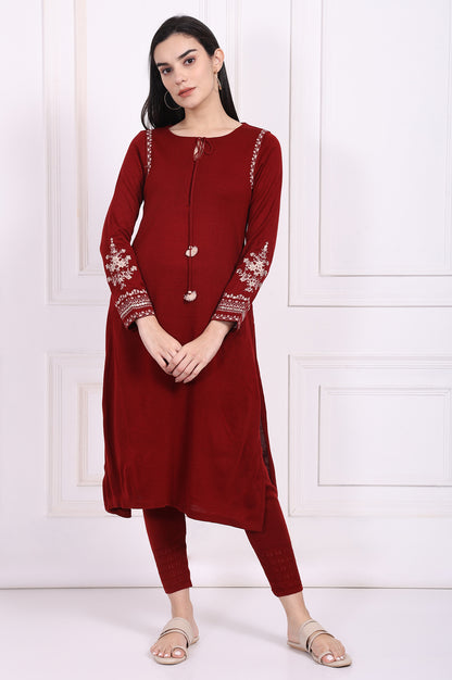 Maroon Embroidered Straight Acrylic Winter Kurta
