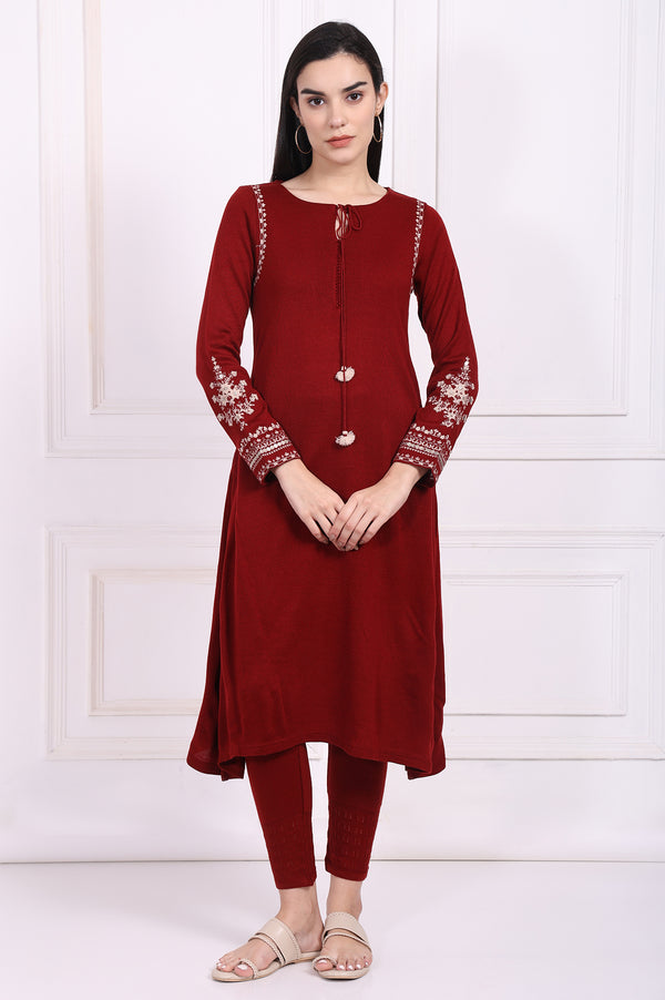 Maroon Embroidered Straight Acrylic Winter Kurta