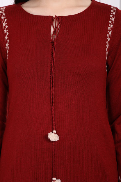 Maroon Embroidered Straight Acrylic Winter Kurta