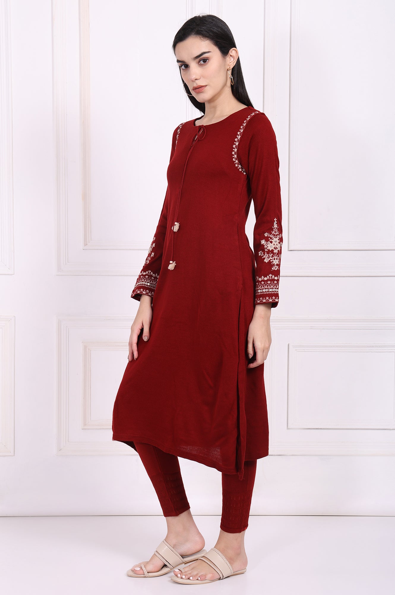 Maroon Embroidered Straight Acrylic Winter Kurta