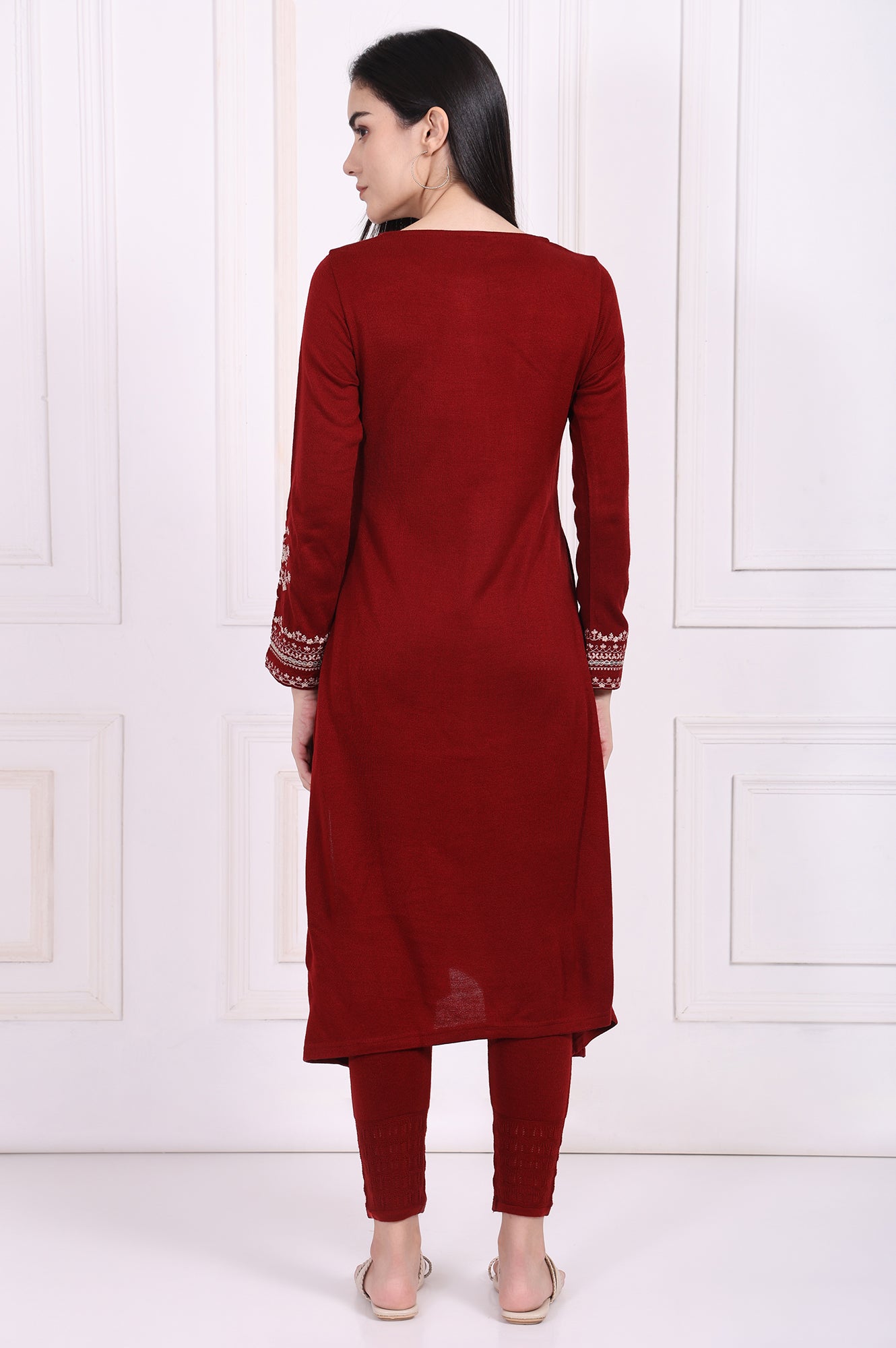 Maroon Embroidered Straight Acrylic Winter Kurta