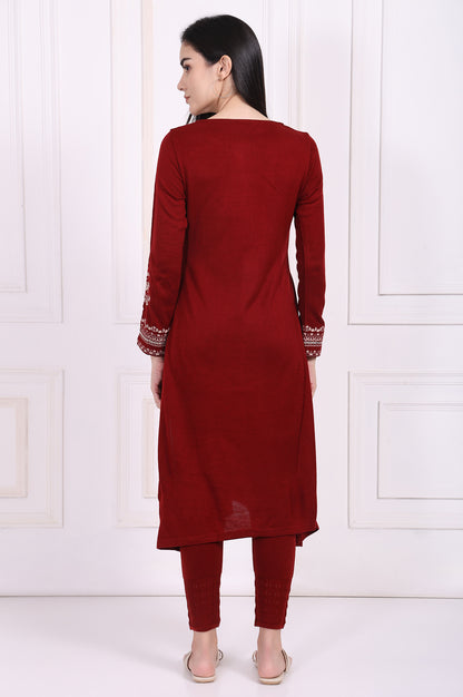 Maroon Embroidered Straight Acrylic Winter Kurta