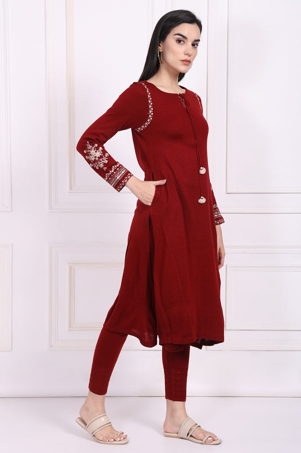 Maroon Embroidered Straight Acrylic Winter Kurta