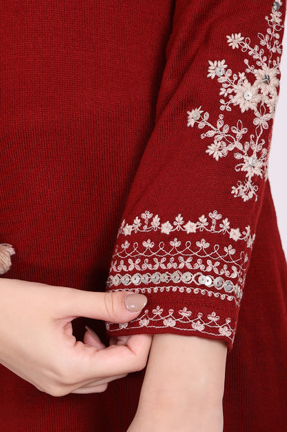 Maroon Embroidered Straight Acrylic Winter Kurta