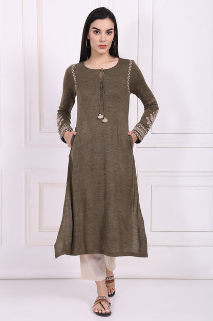 Olive Solid Embroidered Acrylic Straight Kurta