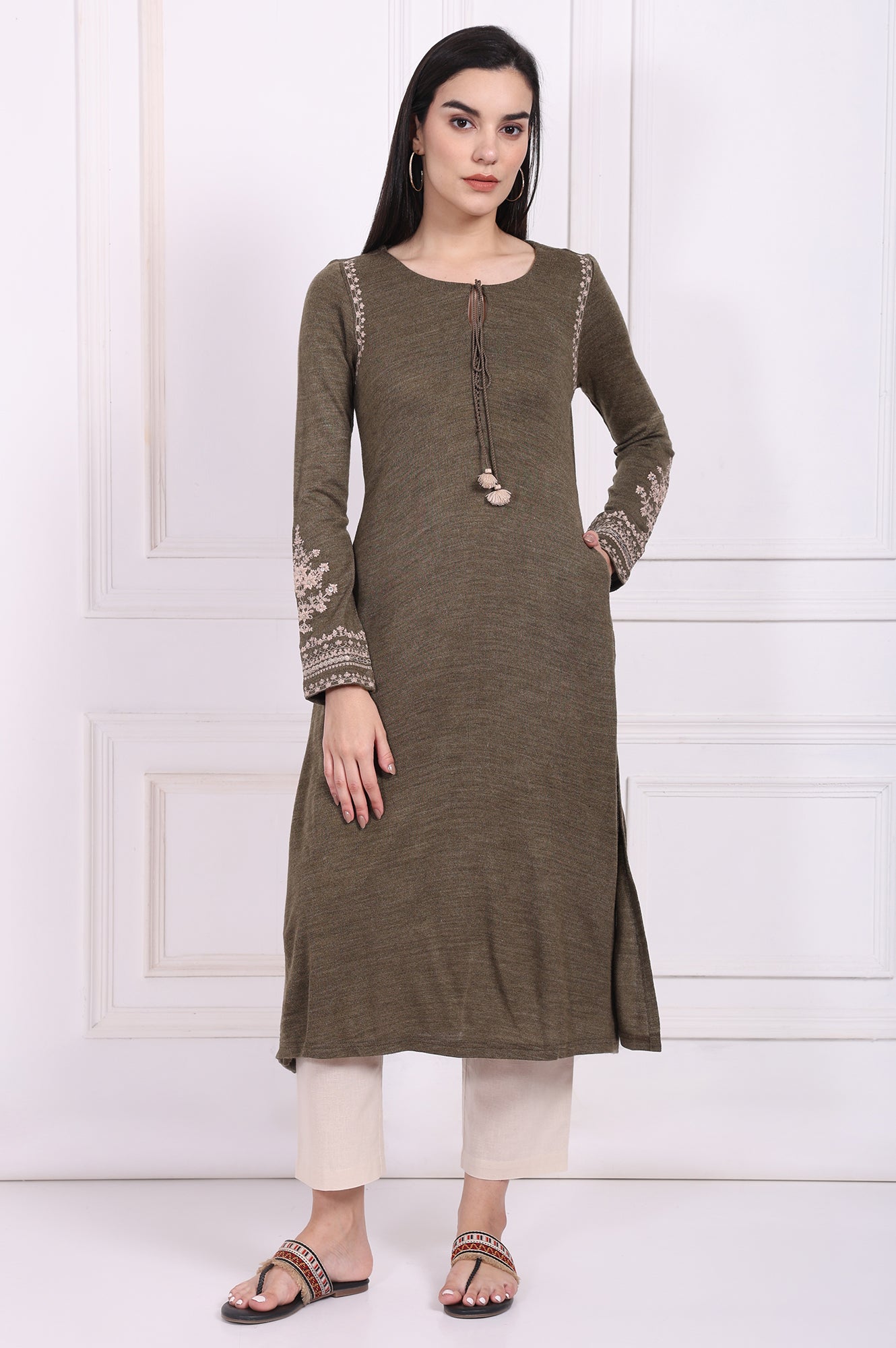 Olive Solid Embroidered Acrylic Straight Kurta