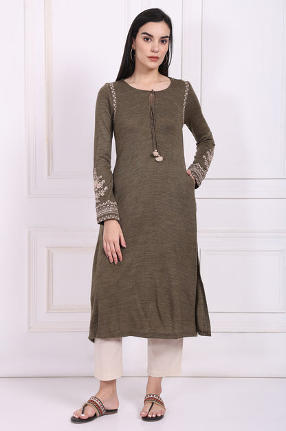 Olive Solid Embroidered Acrylic Straight Kurta