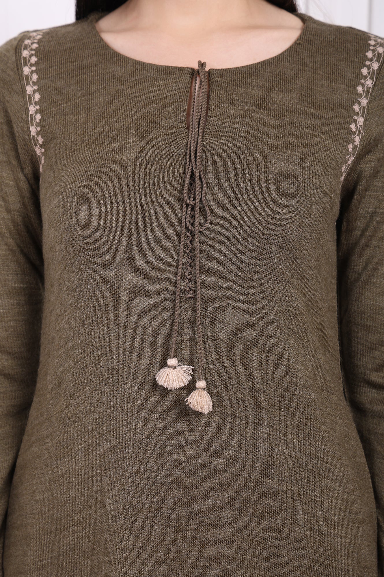 Olive Solid Embroidered Acrylic Straight Kurta