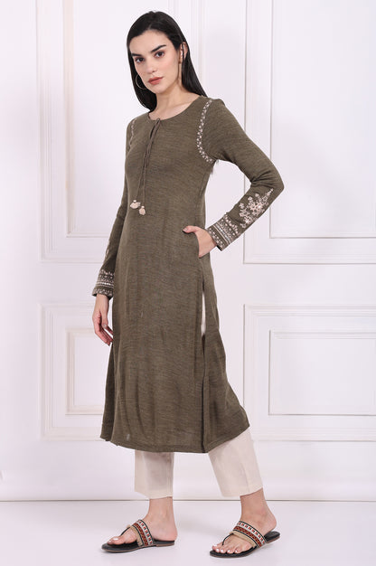 Olive Solid Embroidered Acrylic Straight Kurta