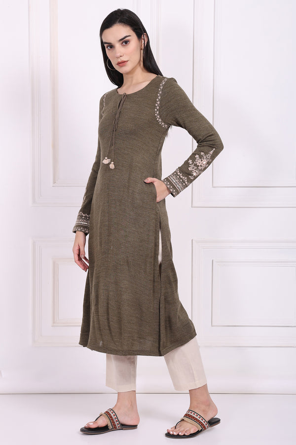 Olive Solid Embroidered Acrylic Straight Kurta