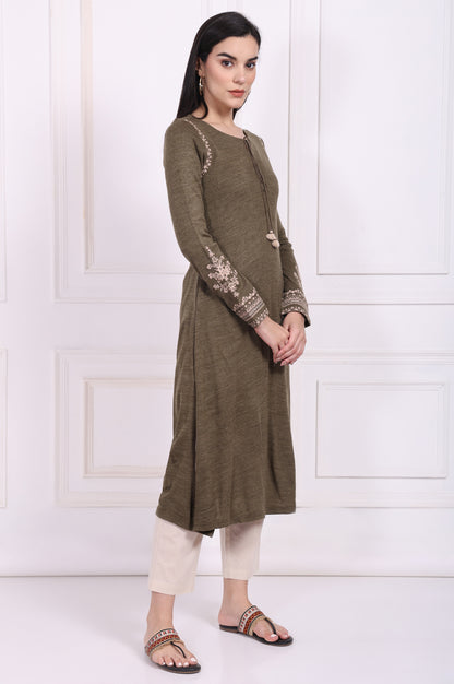 Olive Solid Embroidered Acrylic Straight Kurta