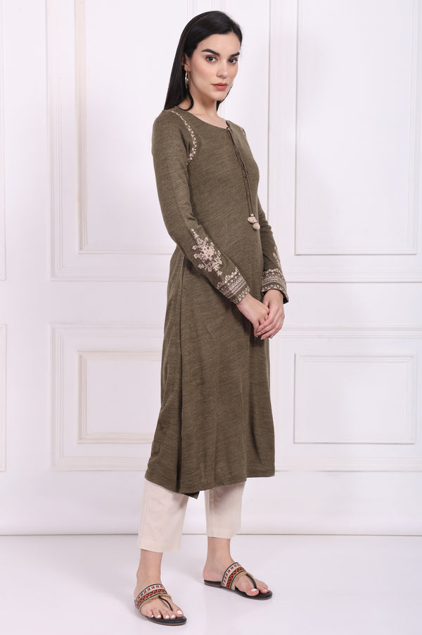 Olive Solid Embroidered Acrylic Straight Kurta
