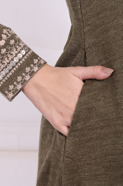Olive Solid Embroidered Acrylic Straight Kurta