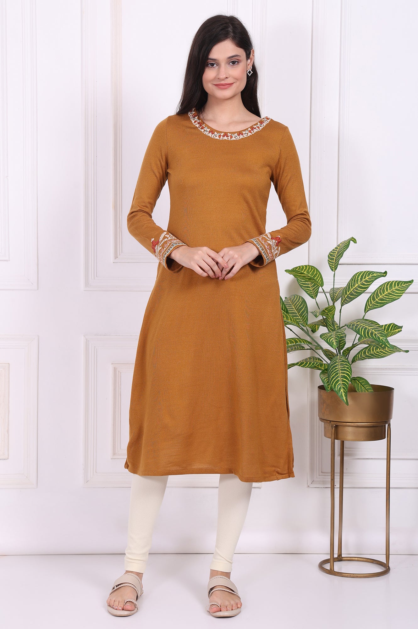Mustard Solid Embroidered Acrylic Straight Kurta