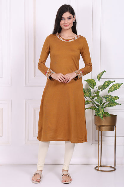 Mustard Solid Embroidered Acrylic Straight Kurta