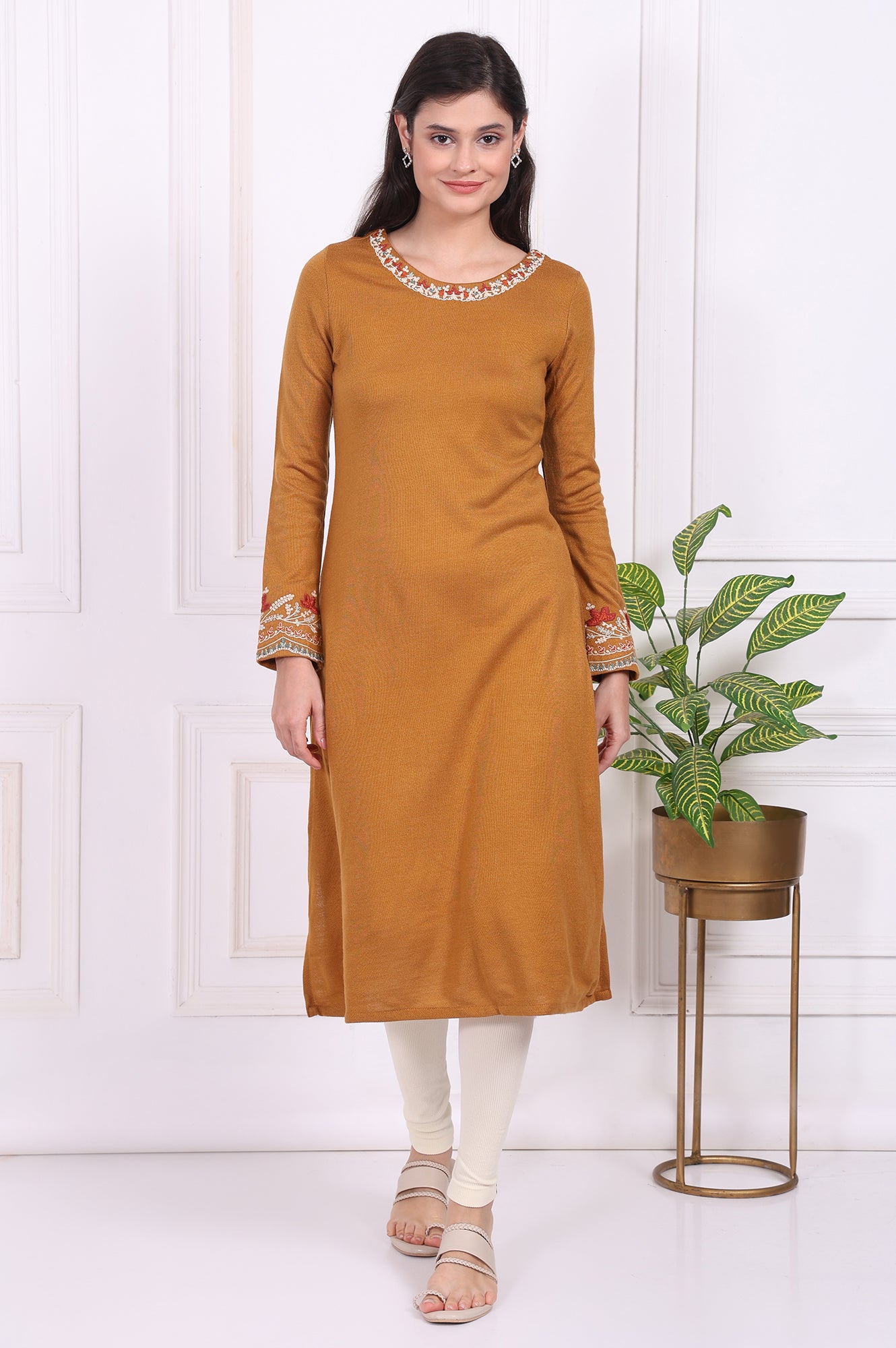 Mustard Solid Embroidered Acrylic Straight Kurta