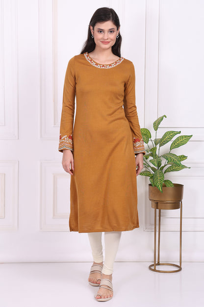 Mustard Solid Embroidered Acrylic Straight Kurta