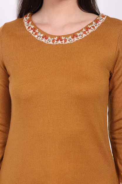 Mustard Solid Embroidered Acrylic Straight Kurta