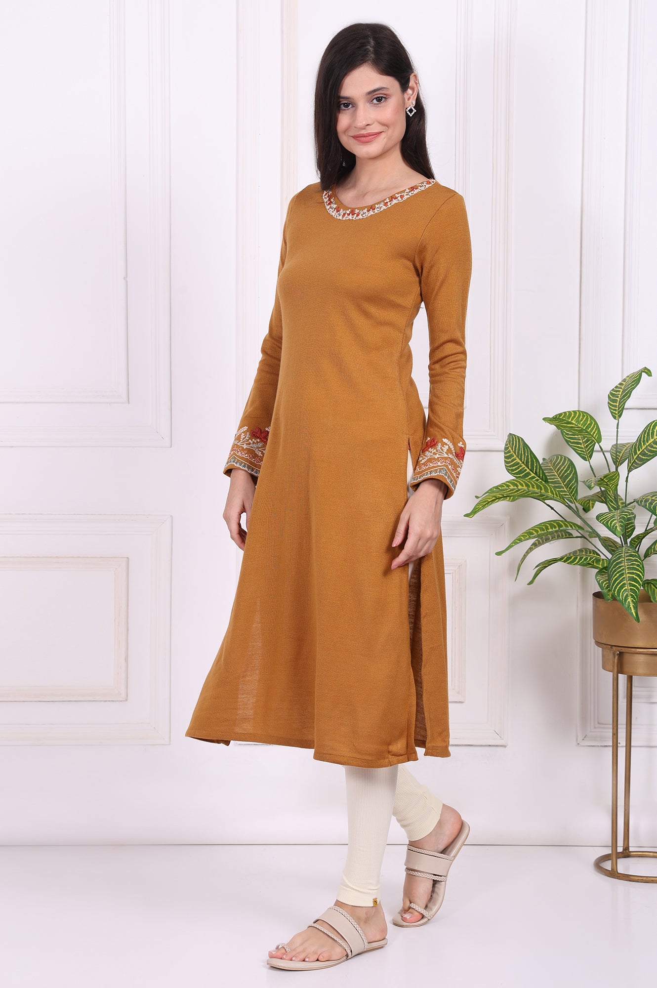 Mustard Solid Embroidered Acrylic Straight Kurta