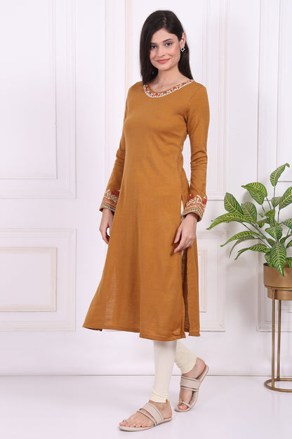 Mustard Solid Embroidered Acrylic Straight Kurta