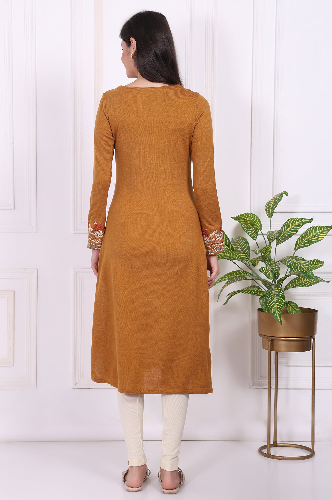 Mustard Solid Embroidered Acrylic Straight Kurta